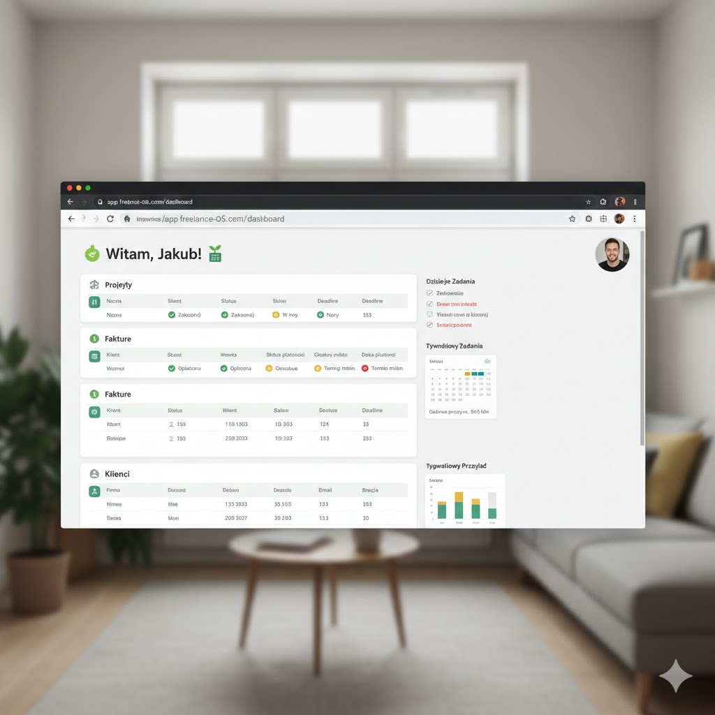 Wizualizacja pulpitu Freelance OS - Zorganizuj projekty, klientów i faktury w Notion i Make
